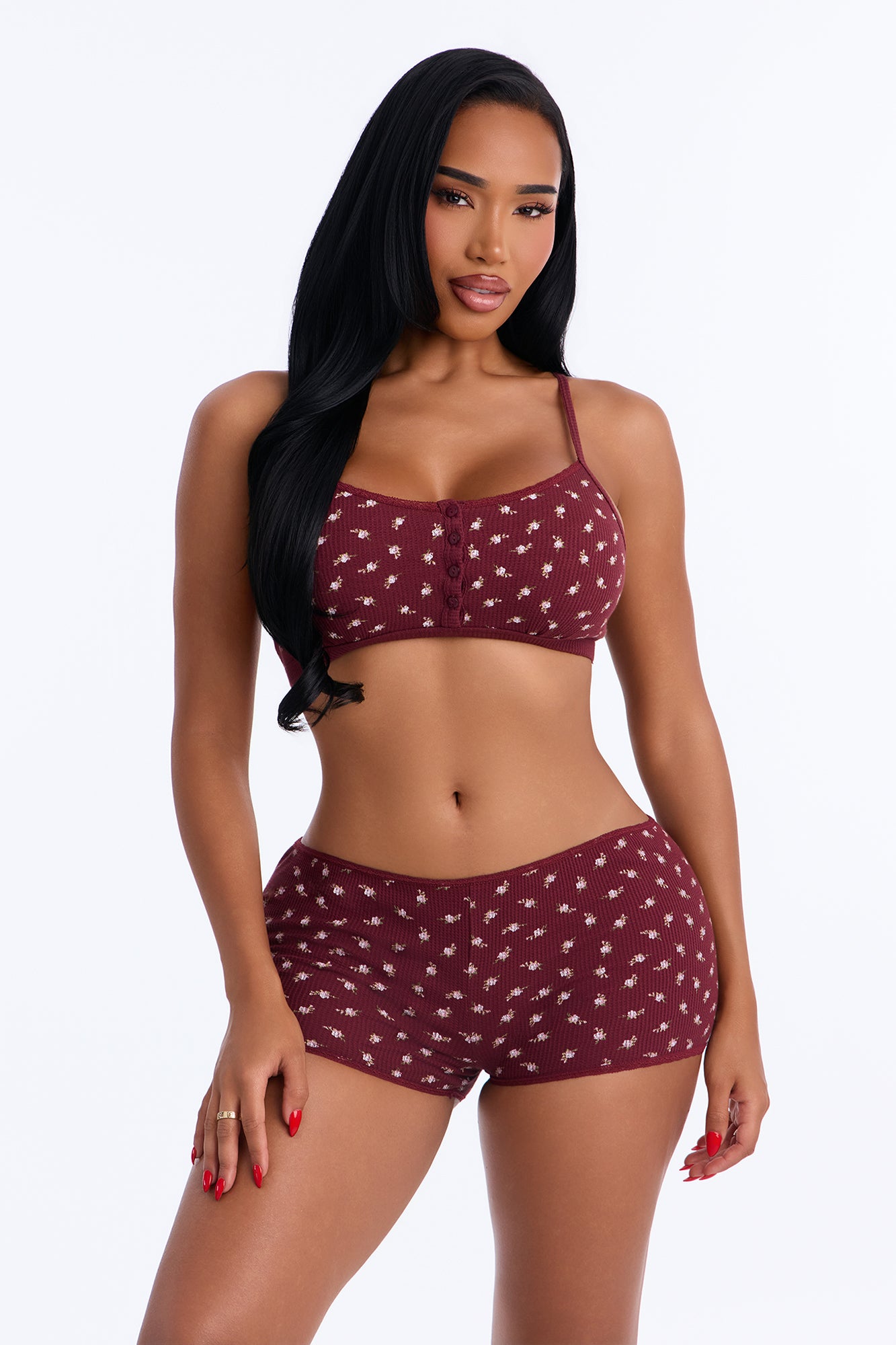 Blush Bloom Floral Waffle Knit 2 Piece Bralette Set - Wine/combo