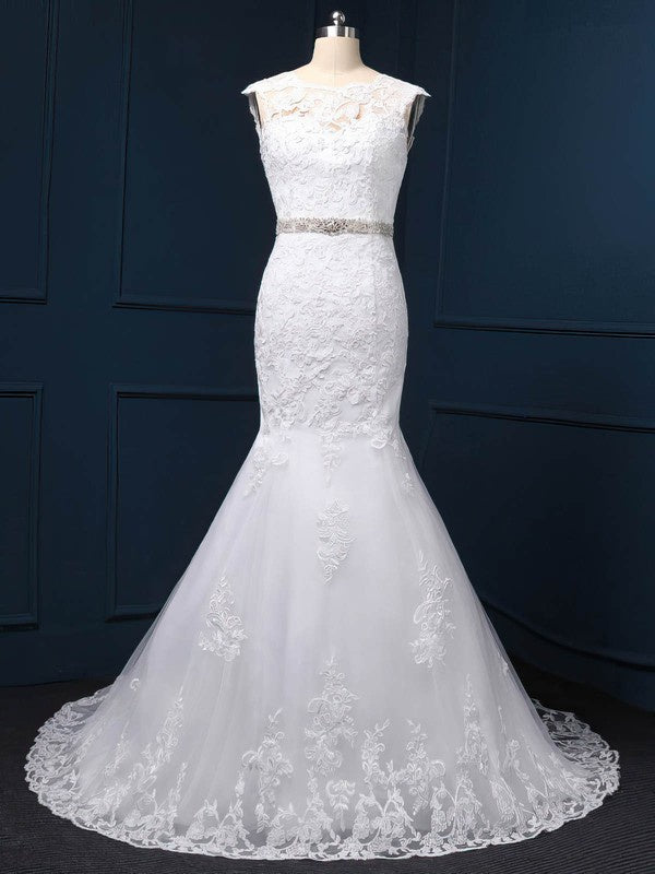 Beautiful Mermaid Sleeveless Lace Sweep Train Wedding Dresses with Rhinestones