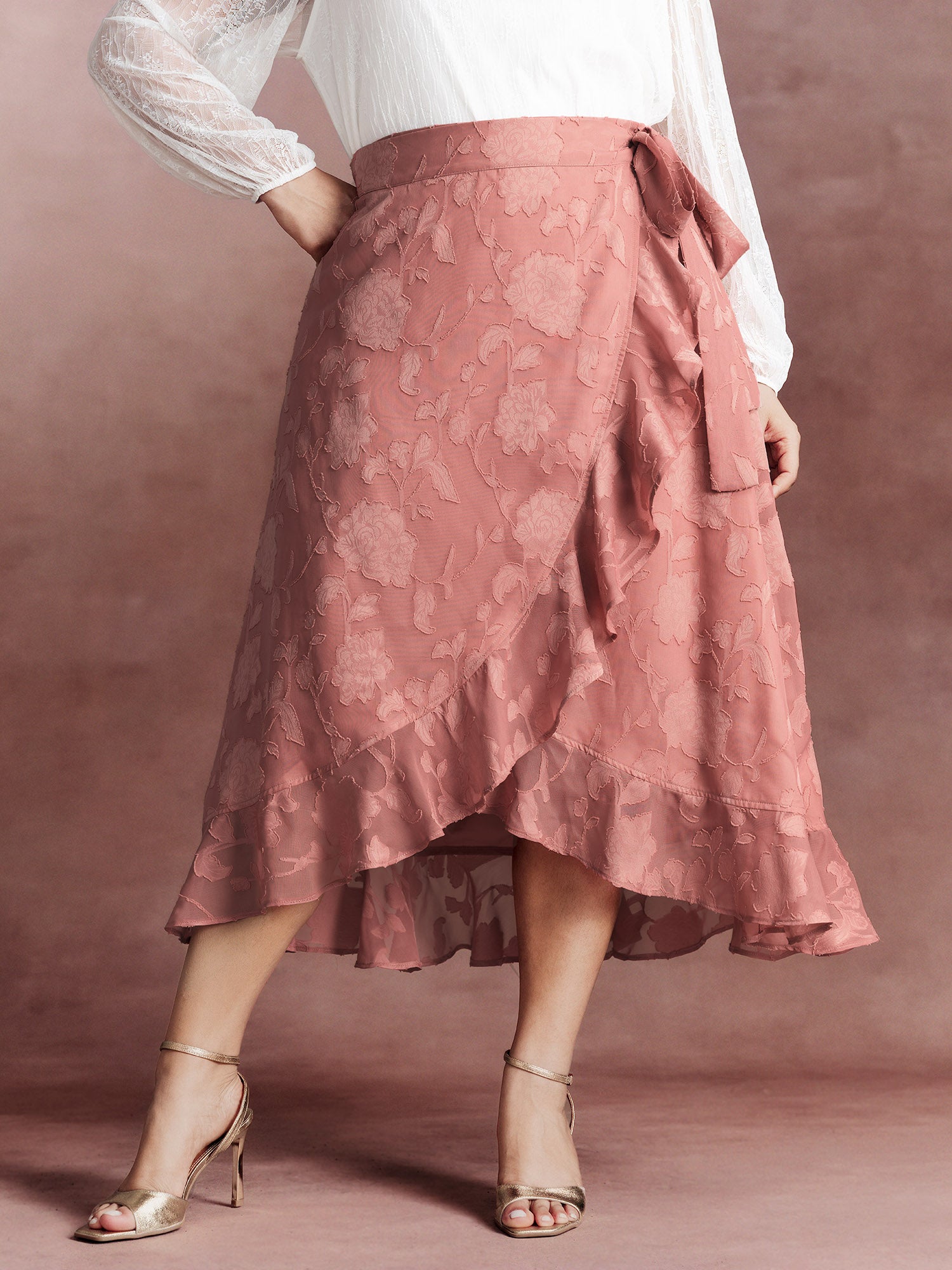 Soft Romance Jacquard High-Low Wrap Midi Skirt