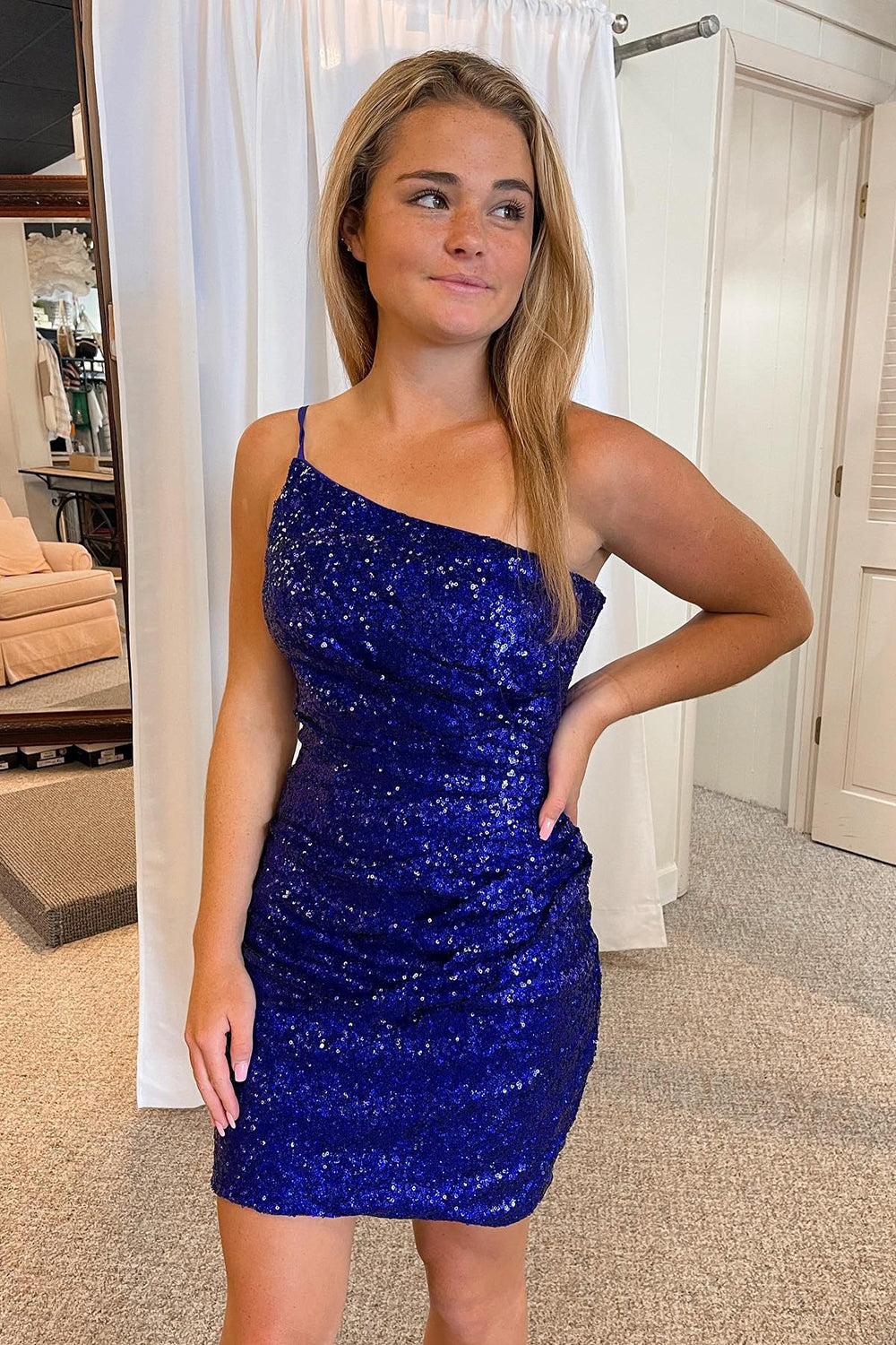 Royal Blue Glitter One Shoulder Tight Homecoming Dress/Mini Dress