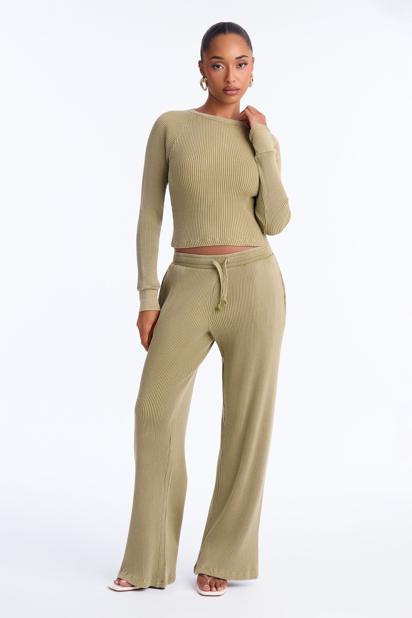 Emma Washed Waffle Pant Set - Olive
