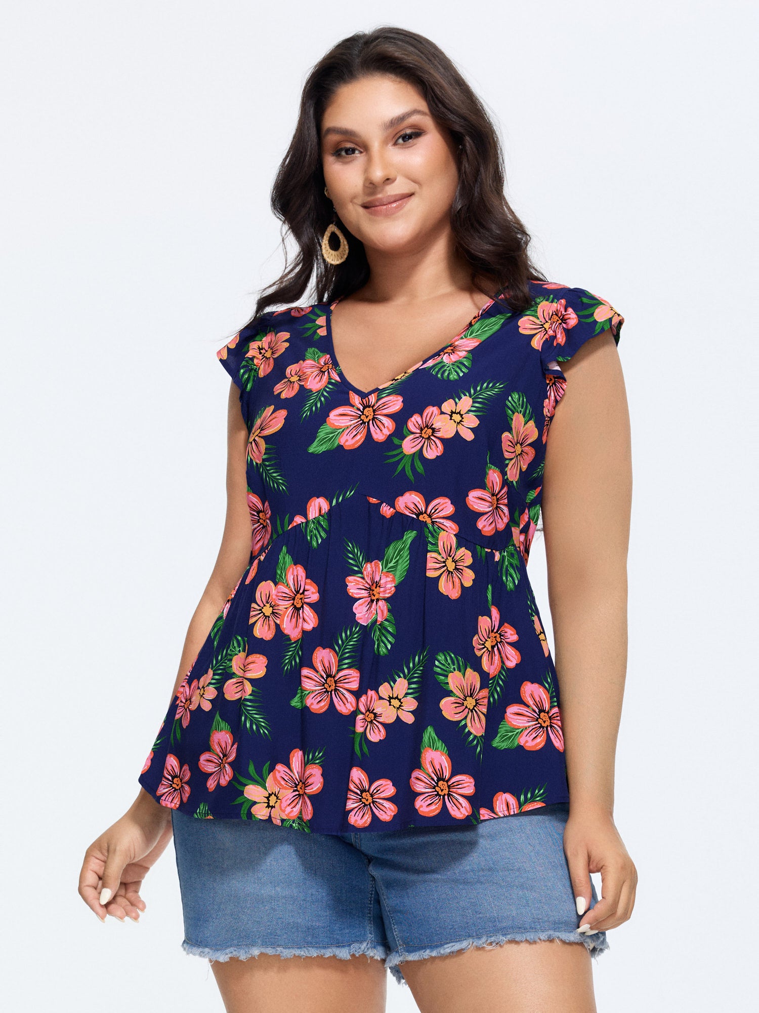 Colorful Floral Print Ruffled Sleeve Blouse