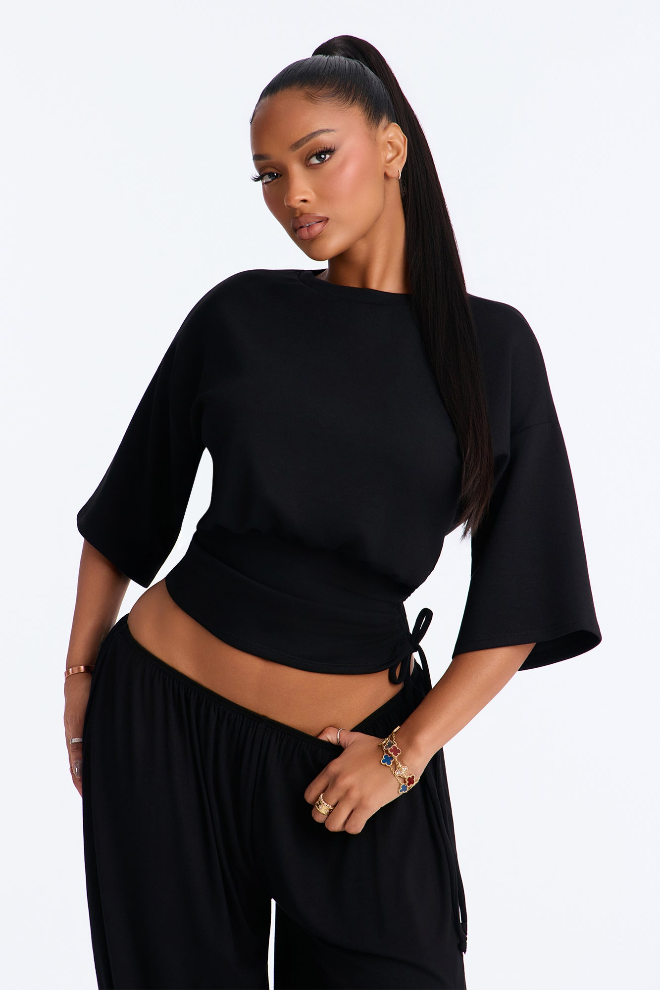 Maeve Cinched Waist Drawstring Short Sleeve Top - Black