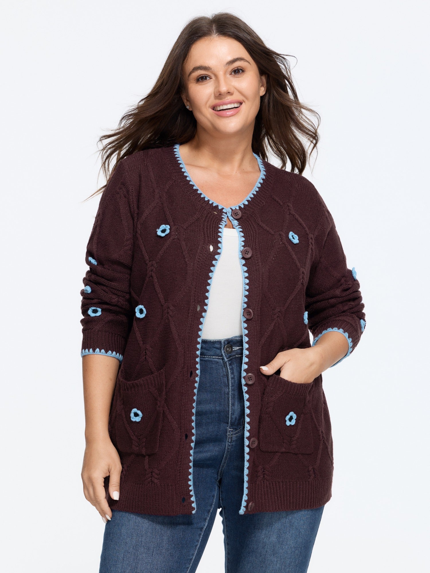 Crochet Floral Contrast Trim Button Front Cardigan