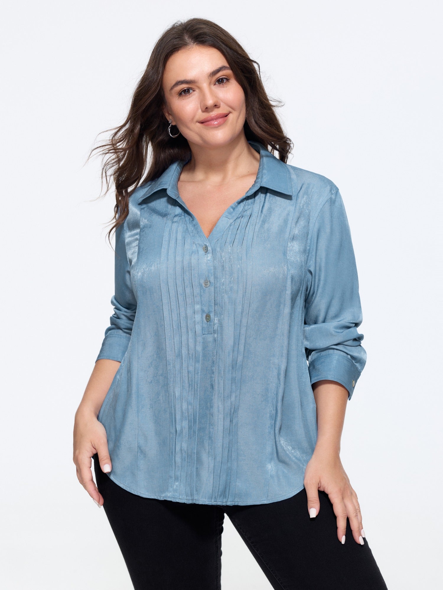 Satin Button Front Pleated Blouse