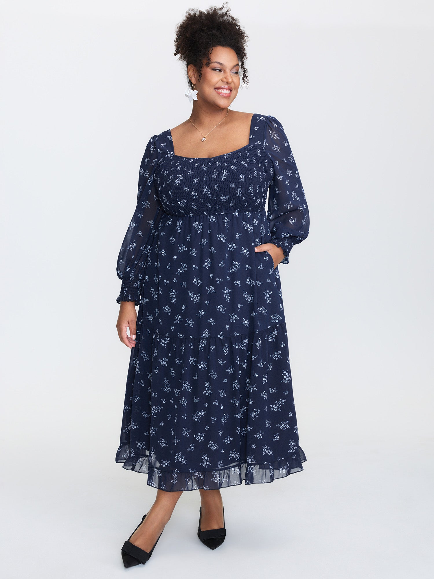 Floral Print Shirred Bodice Sheer Maxi Dress