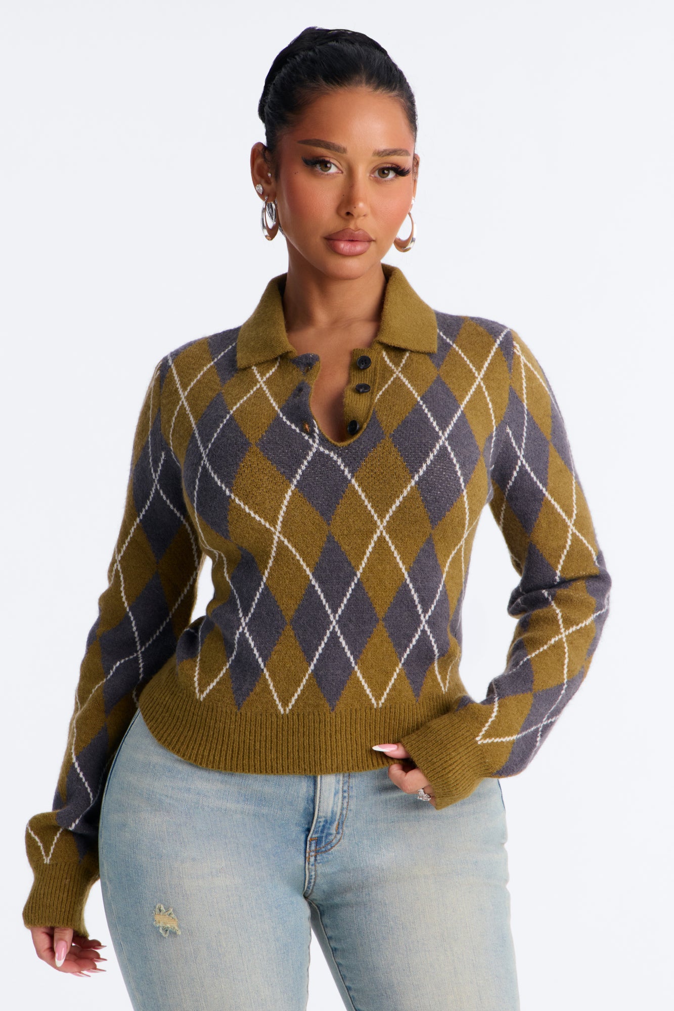 Steady Flow Argyle Polo Sweater - Olive/combo