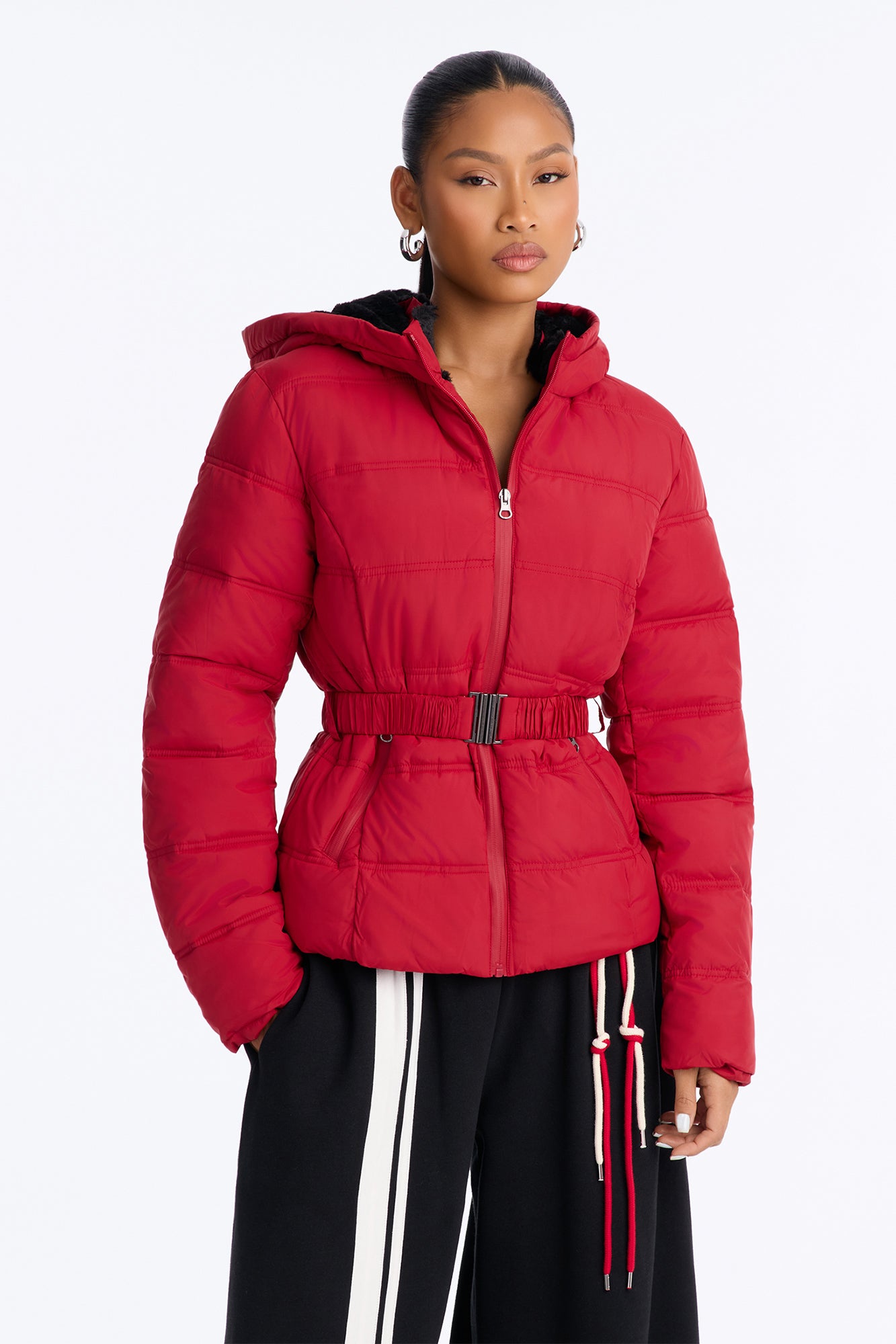 Bundled Up Belted Puffer Coat - Red