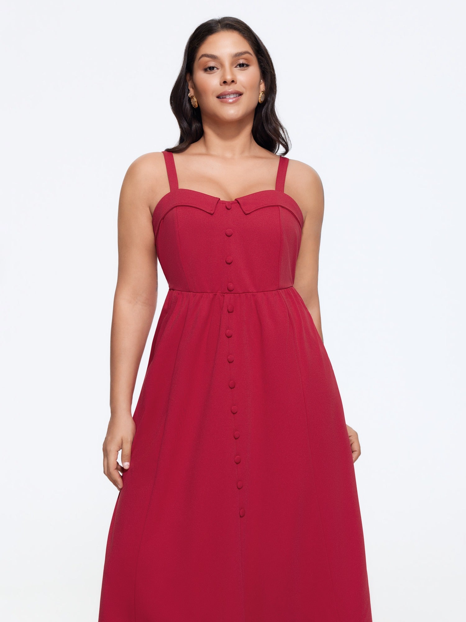 Solid Button Detail Spaghetti Strap Midi Dress