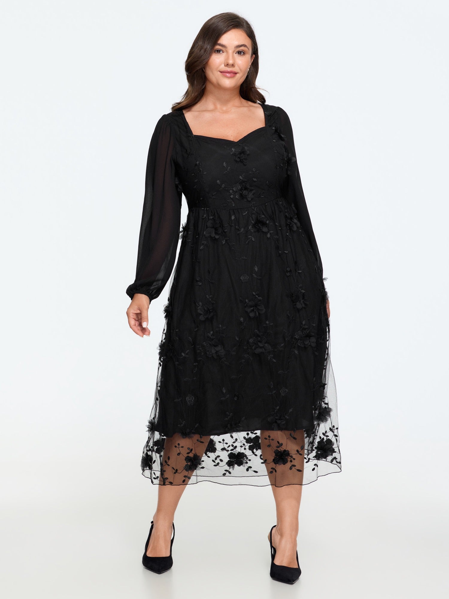 3D Floral Applique Mesh Midi Dress