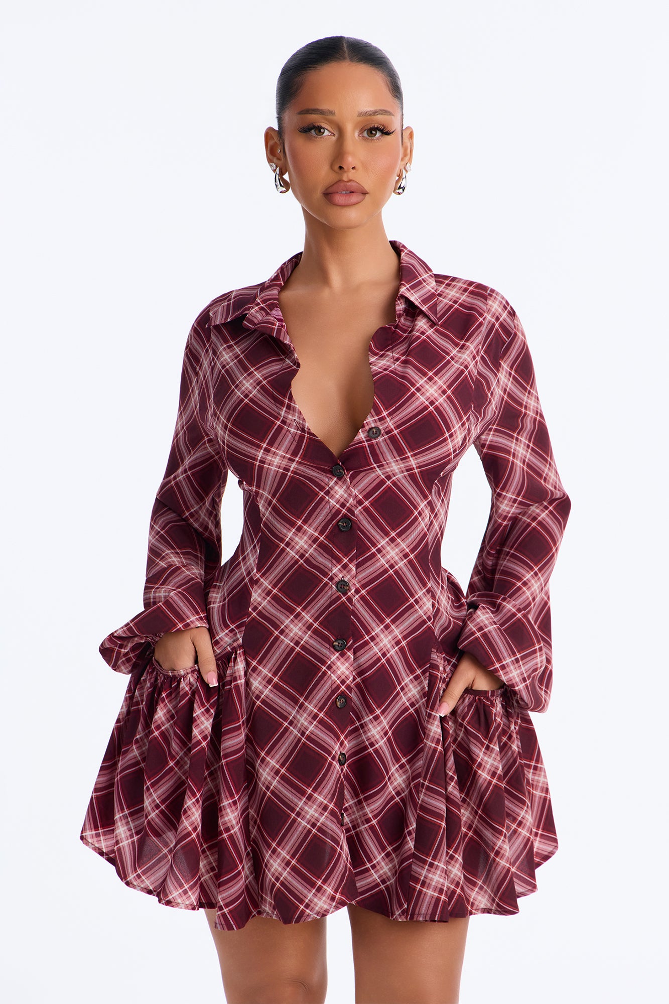 Tell Me More Plaid Chiffon Mini Dress - Burgundy/combo