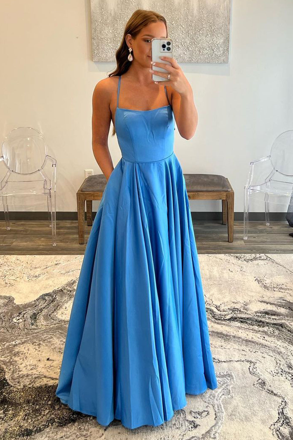 Simple Blue A-Line Prom Dress with Spaghetti Straps and Pockets