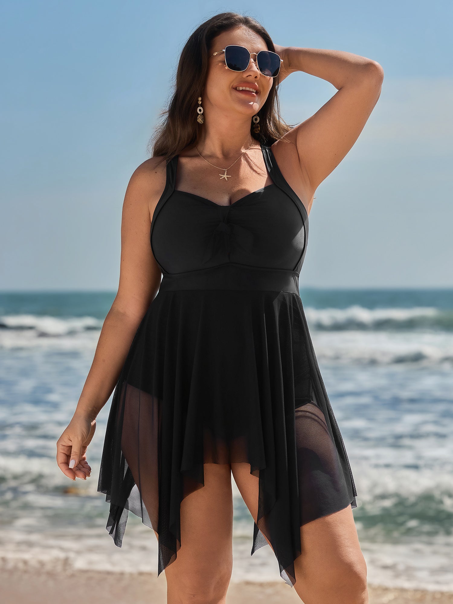 Mesh Knotted Front Adjustable Swim Dress