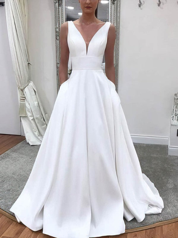 Deluxe V-Neck Sleeveless Ball Gown Satin Sweep Train Wedding Dresses with Pockets