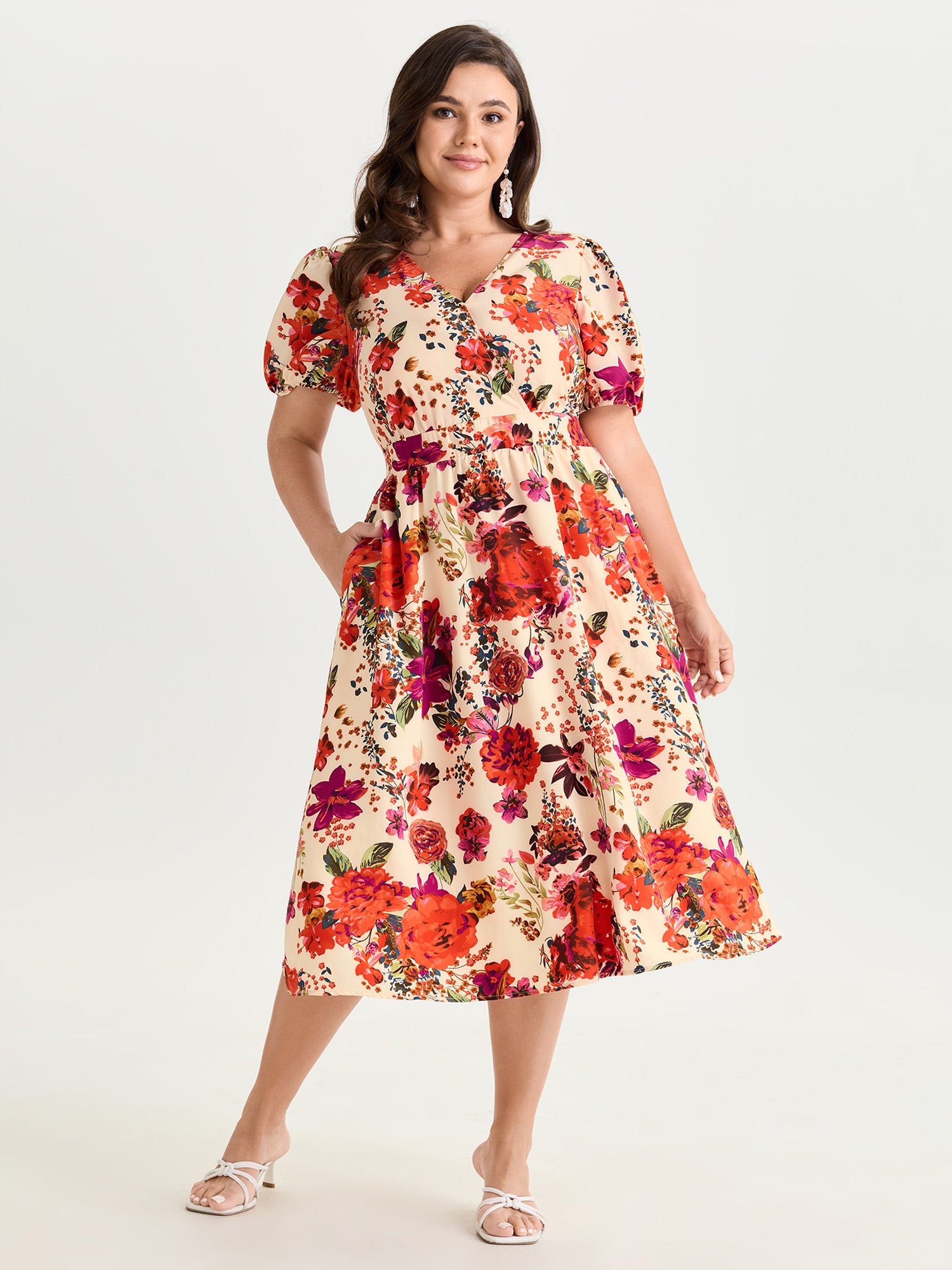 Floral Print Shirred Waist Midi Dress