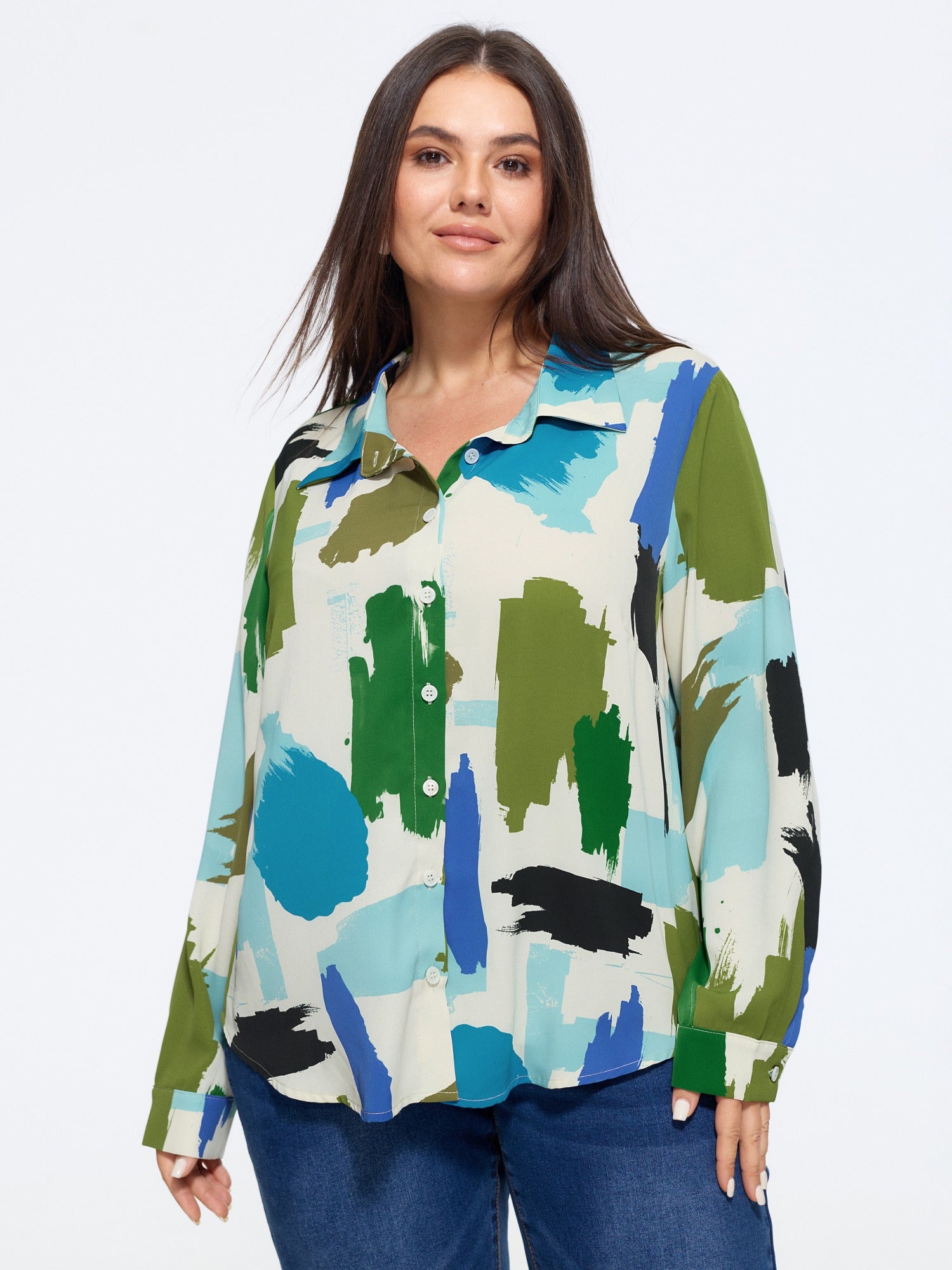 Abstract Brush Print Button Down Blouse