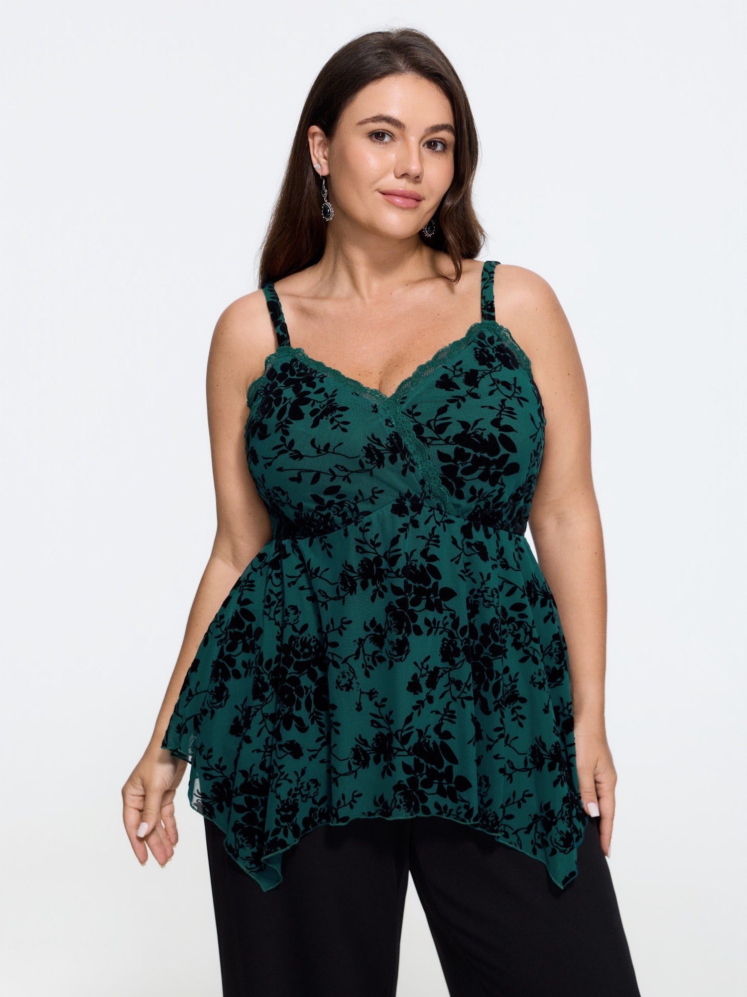 Floral Flocked Lace Trim Asymmetric Hem Tank Top