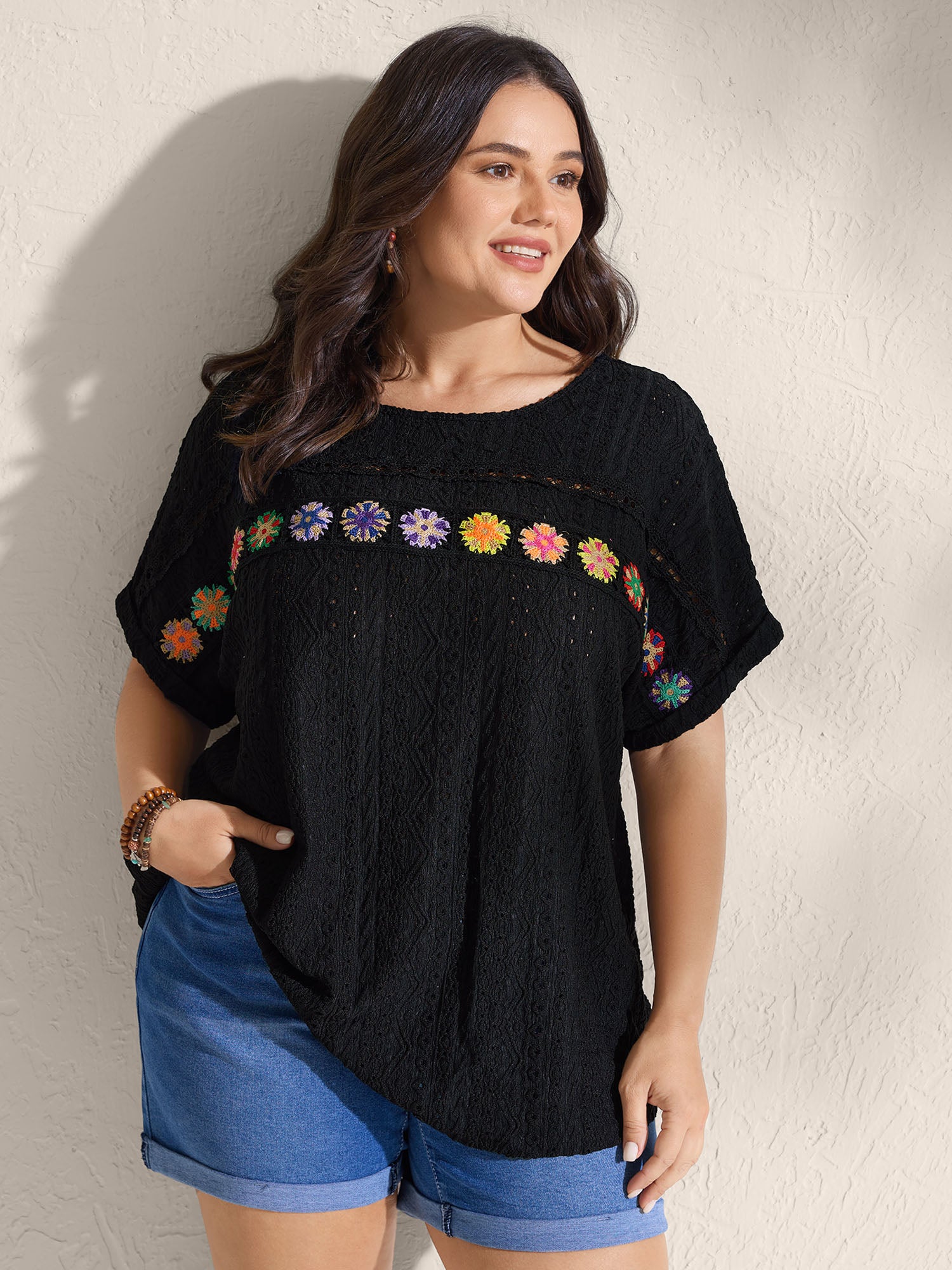 Floral Lace Trim Textured T-Shirt