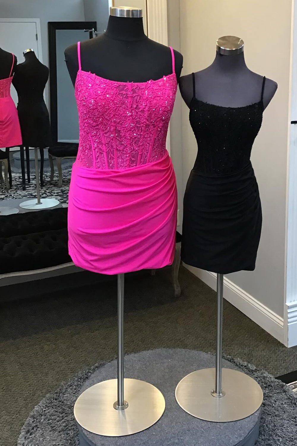 Fuchsia Corset Spaghetti Straps Tight Short Homecoming Dress/Mini Dress with Lace