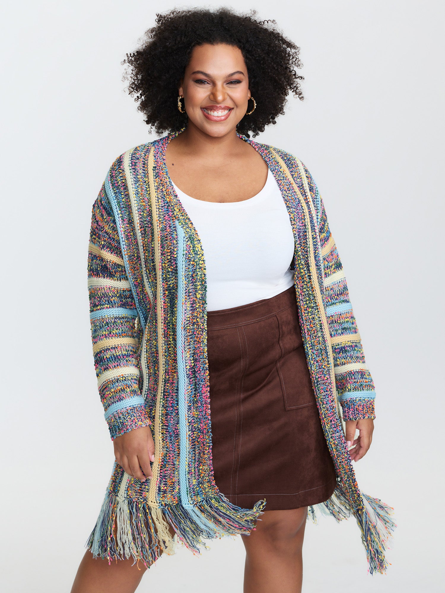 Heather Striped Fringes Open-Front Knit Cardigan