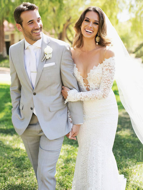 Elegant Lace Deep V-Neck Off-The-Shoulder Long Sleeves Mermaid Wedding Dresses