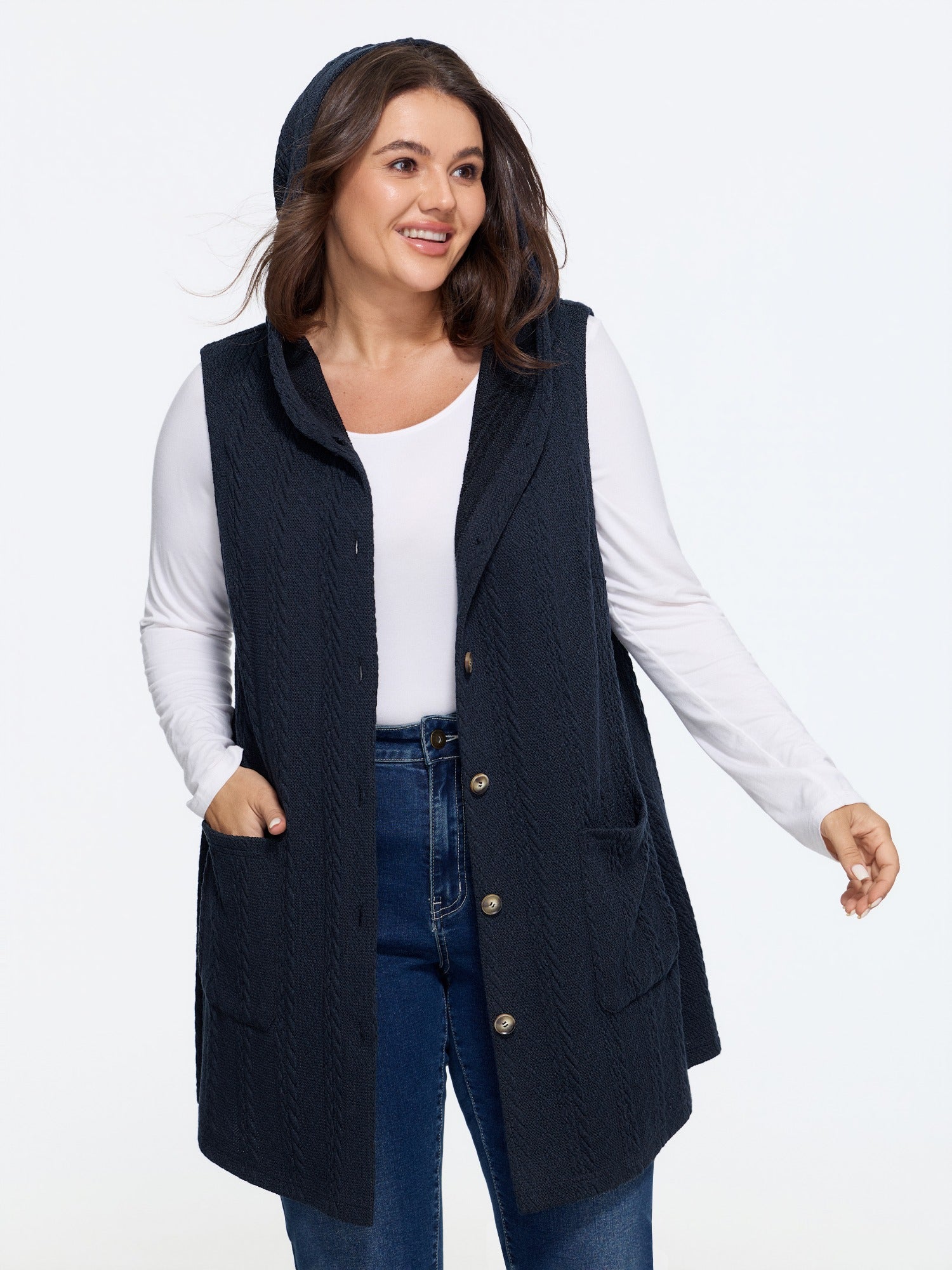 Button Front Cable Knit Hooded Vest