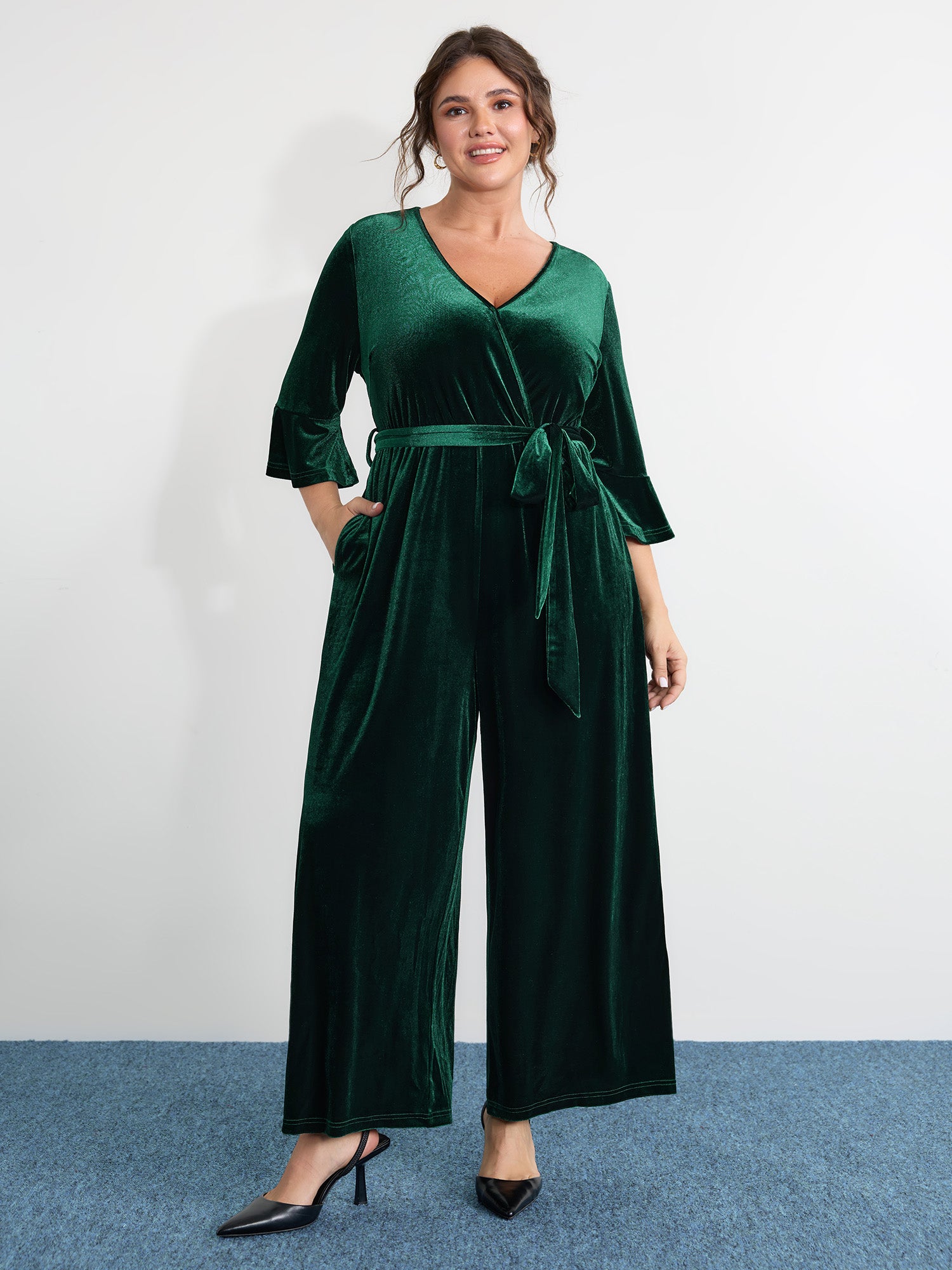 Velvet Belted Wide-Leg Pockets Jumpsuit