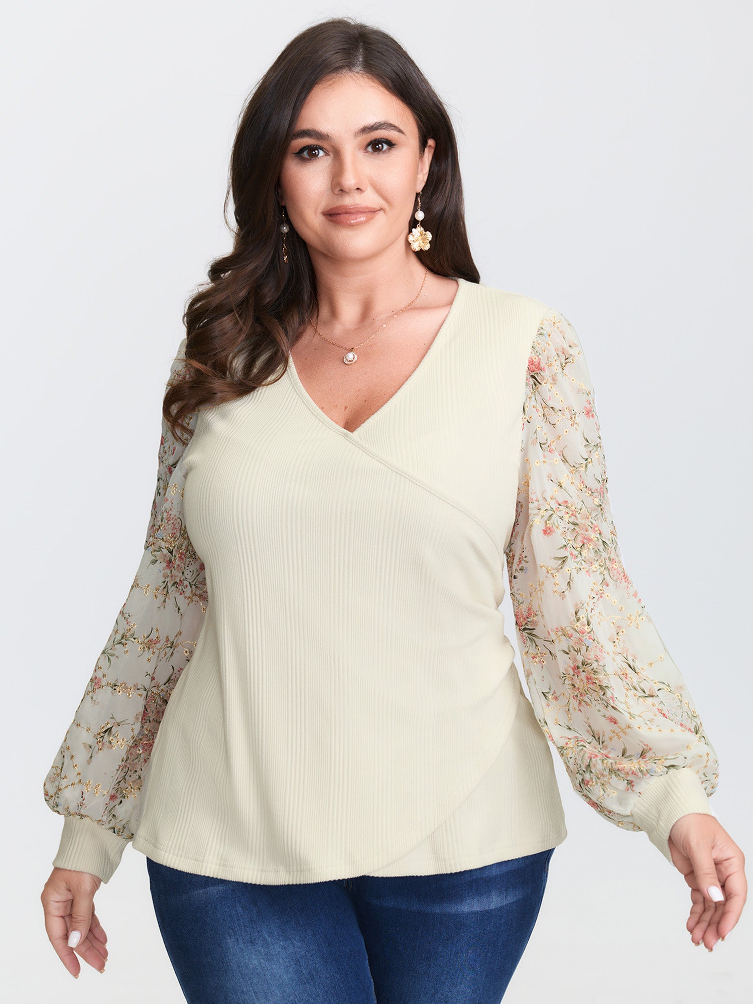 Floral Sleeve Wrap Knit Top