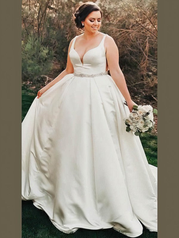 Elegant Deep V-Neck Satin Ball Gown Wedding Dresses