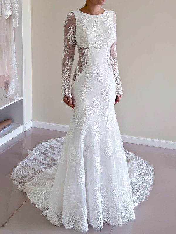 Elegant Mermaid Jewel Neck Long Sleeves Lace Court Train Wedding Dresses