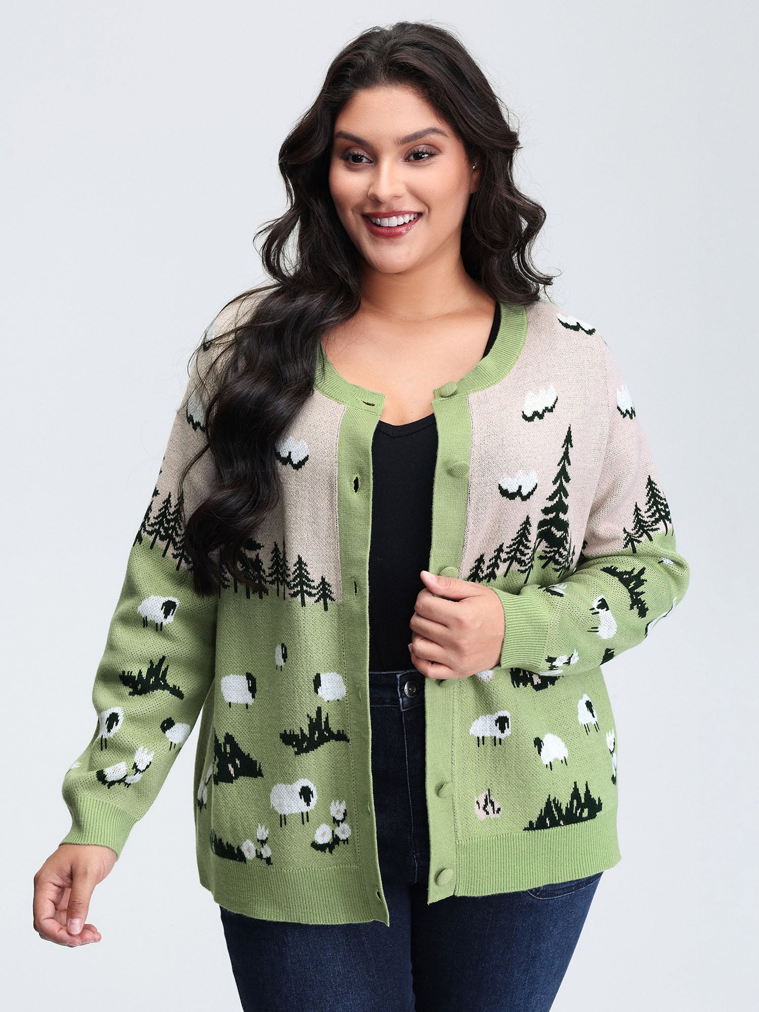 Meadow Pattern Jacquard Button Knit Cardigan