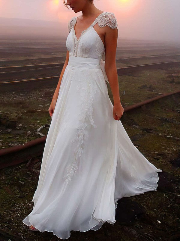 Stunning A-Line Capped V-Neck Chiffon Sweep Train Wedding Dresses