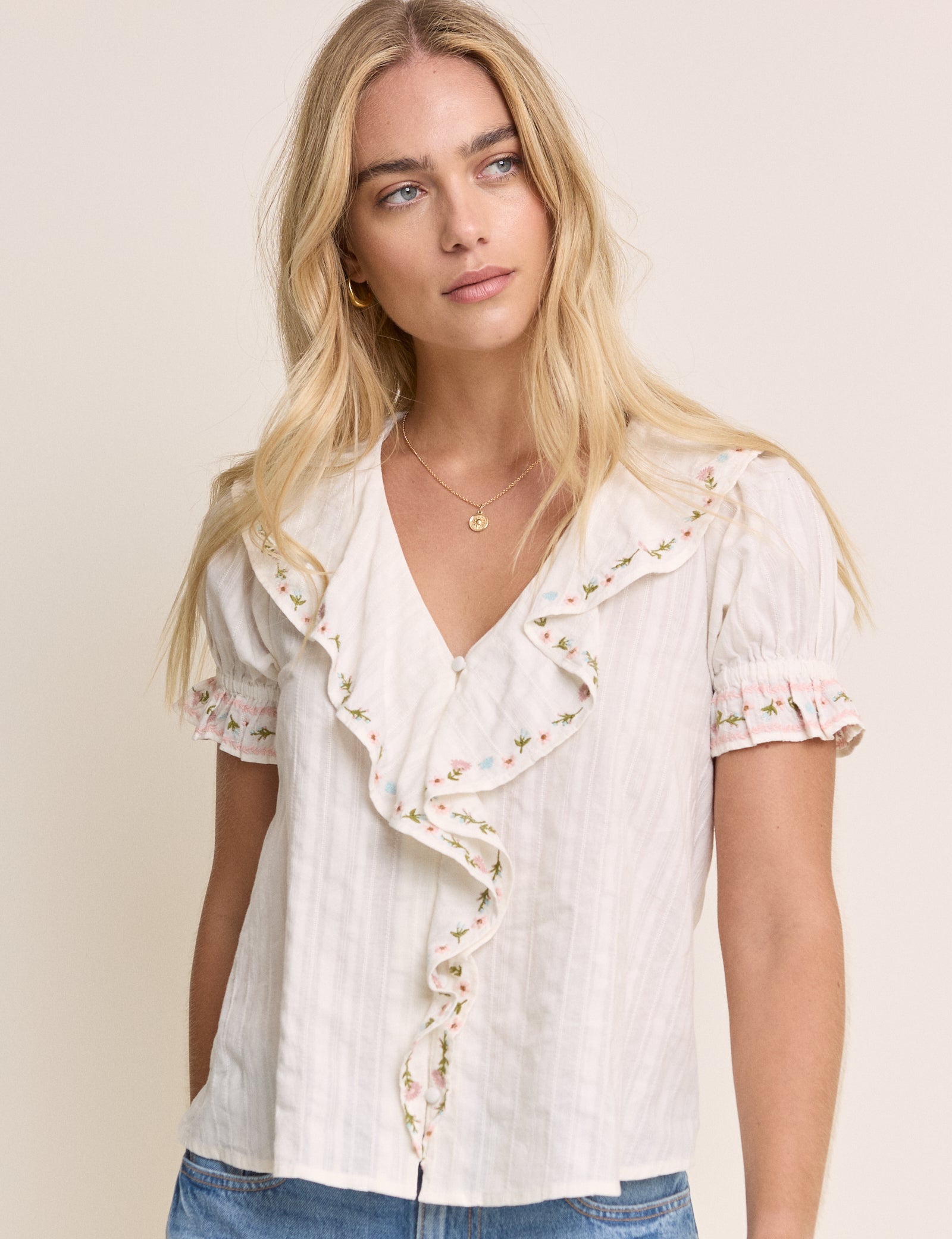 White Floral Ruffle Trim Blouse