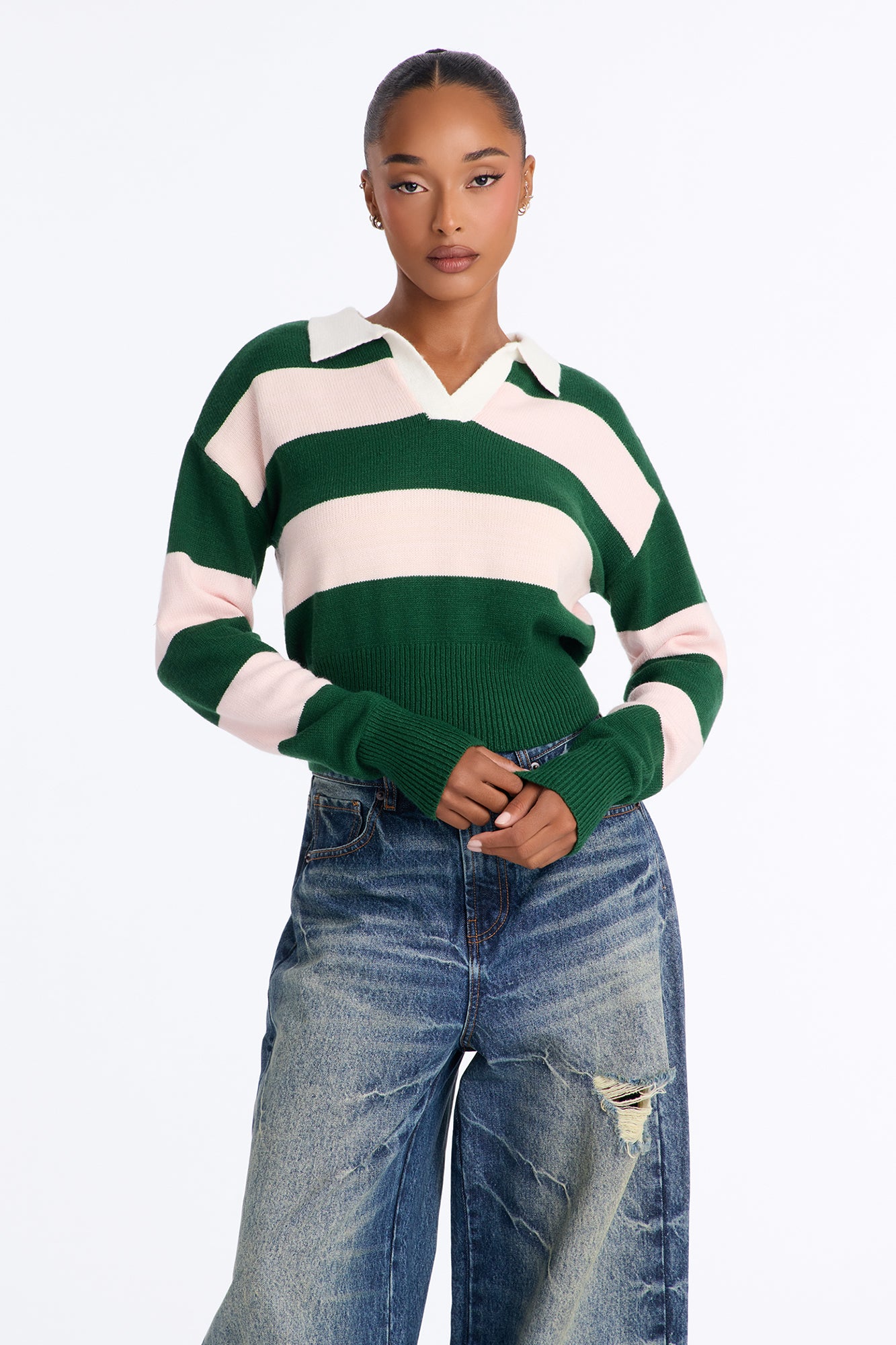 Karina Striped Long Sleeve Polo Sweater - Green/combo