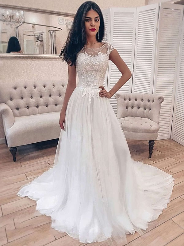 Stunning Scoop Portrait A-Line Lace Wedding Dresses with Court Train