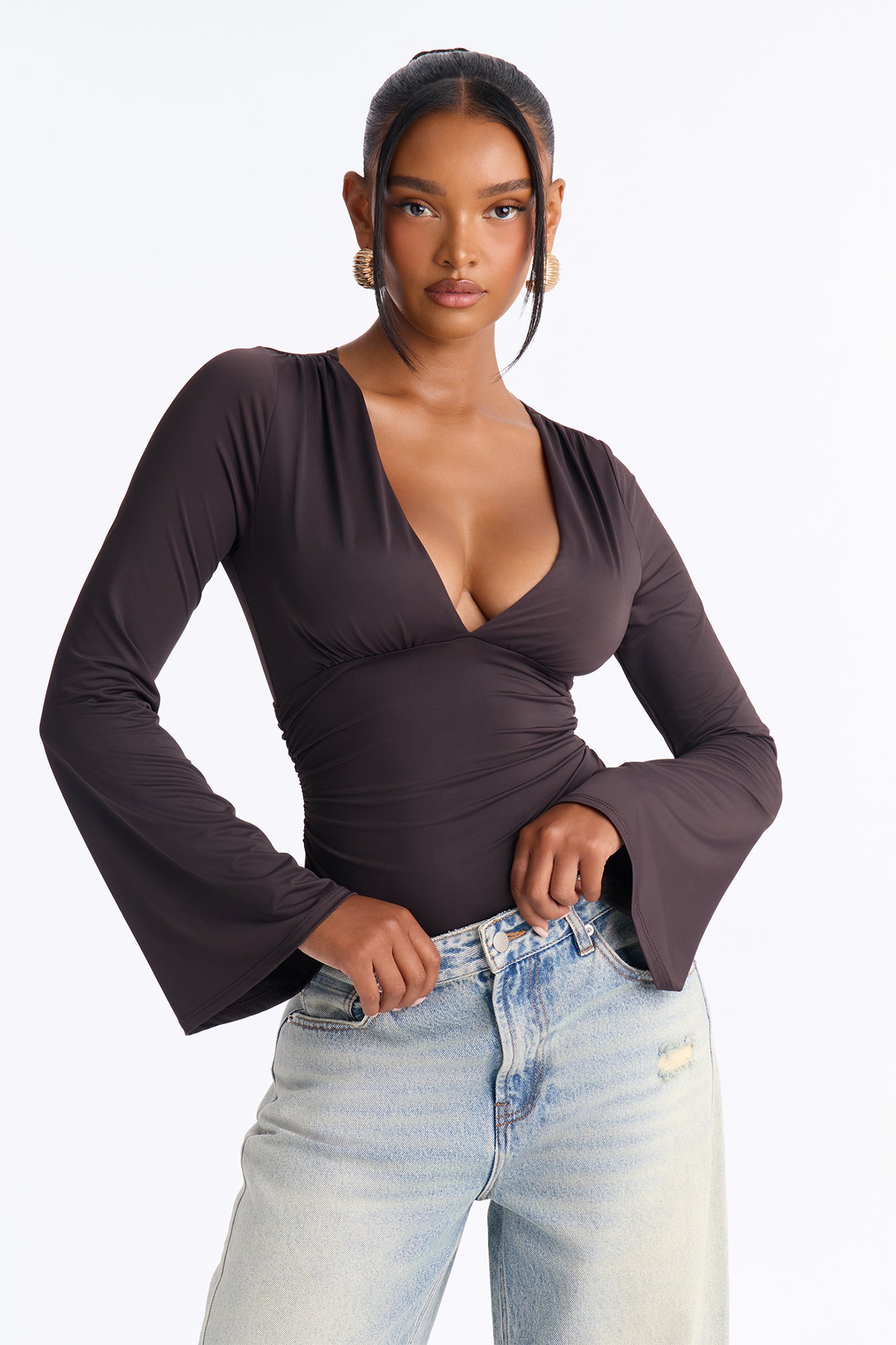 Emily V-Neck Ruched Bell Sleeve Bodysuit - Chocolate