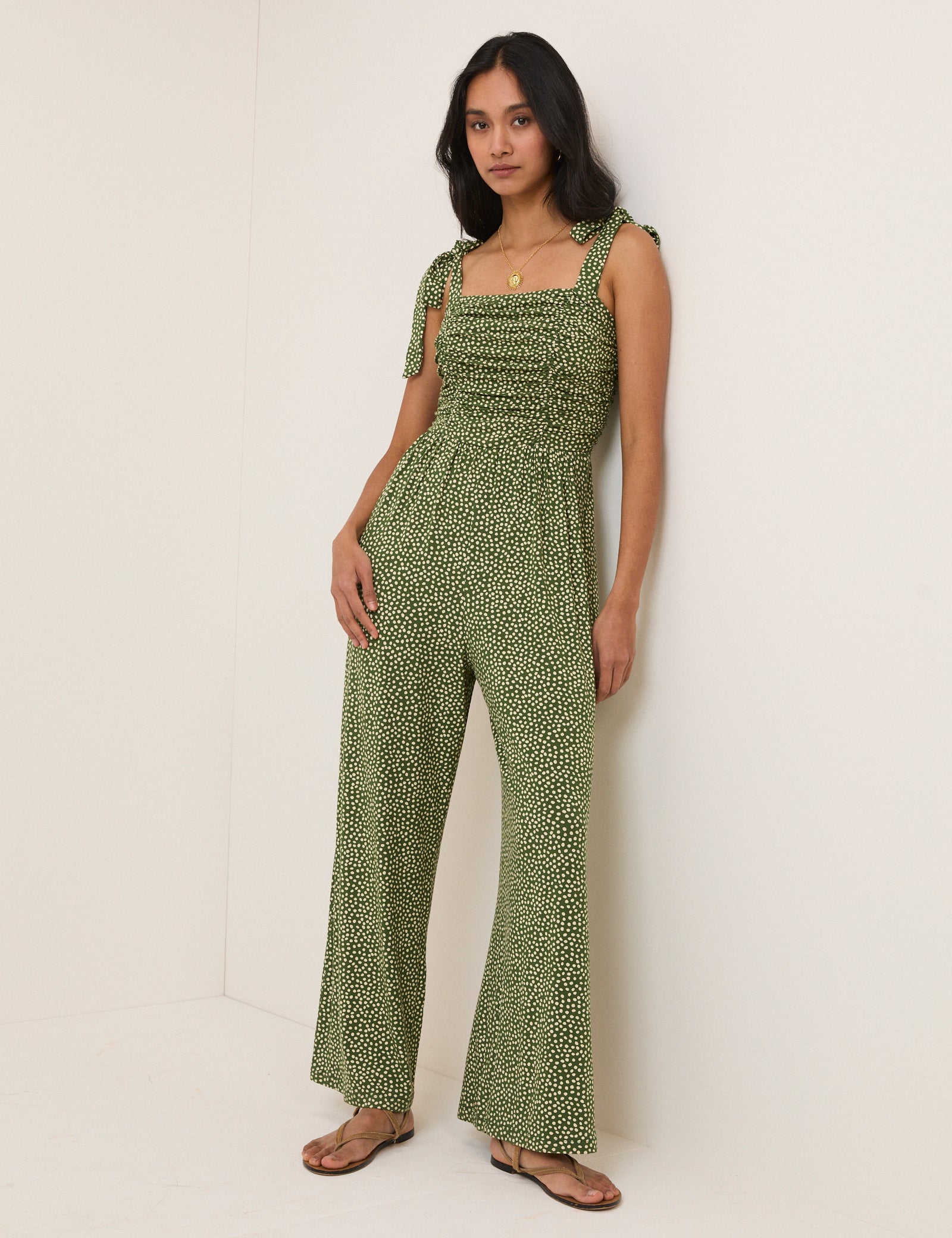 Green Polka Dot Tie Shoulder Jersey Jumpsuit