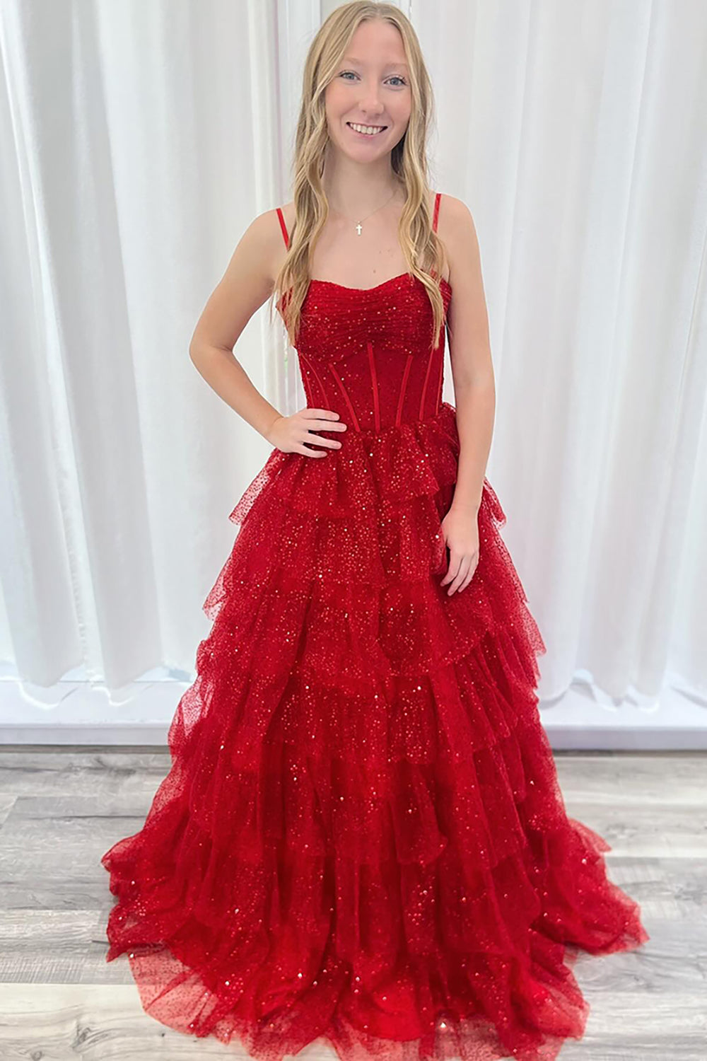 Long Corset Prom Dress with Sparkly Red Ruffled Sequin Tulle and Spaghetti Straps