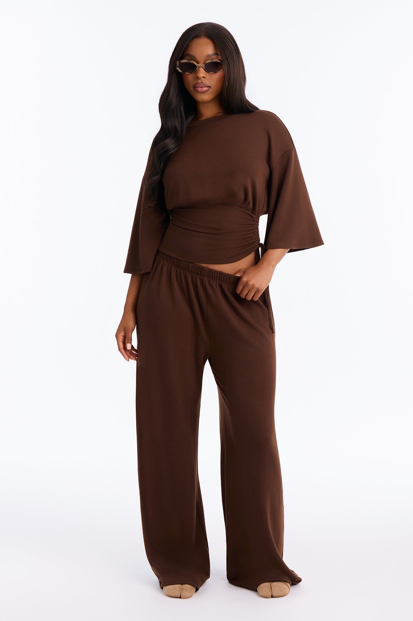 Rina Ruched Wide Leg Pant Set - Chocolate