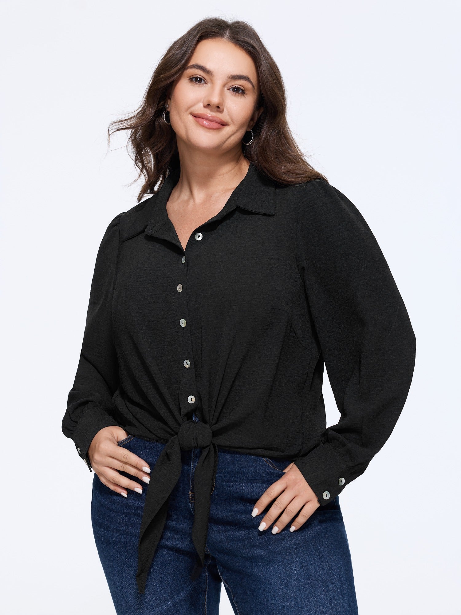 Solid Collared Long Sleeve Tie Hem Blouse