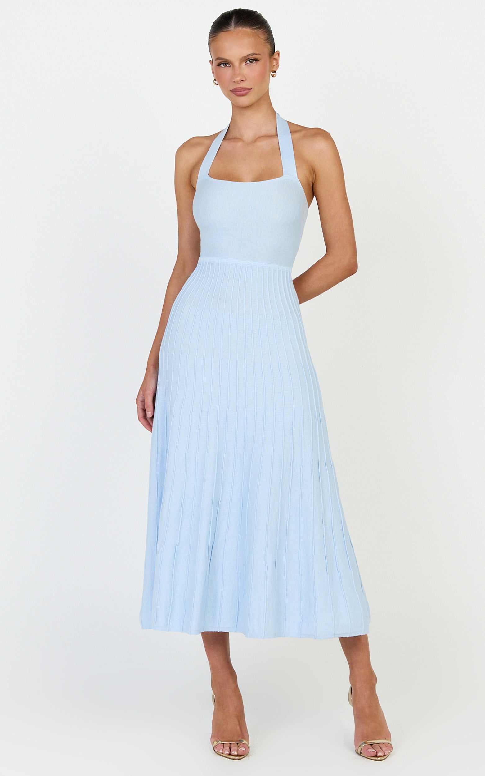 Candace Midi Dress - Halter Neck Ribbed Knit Dress in Baby Blue