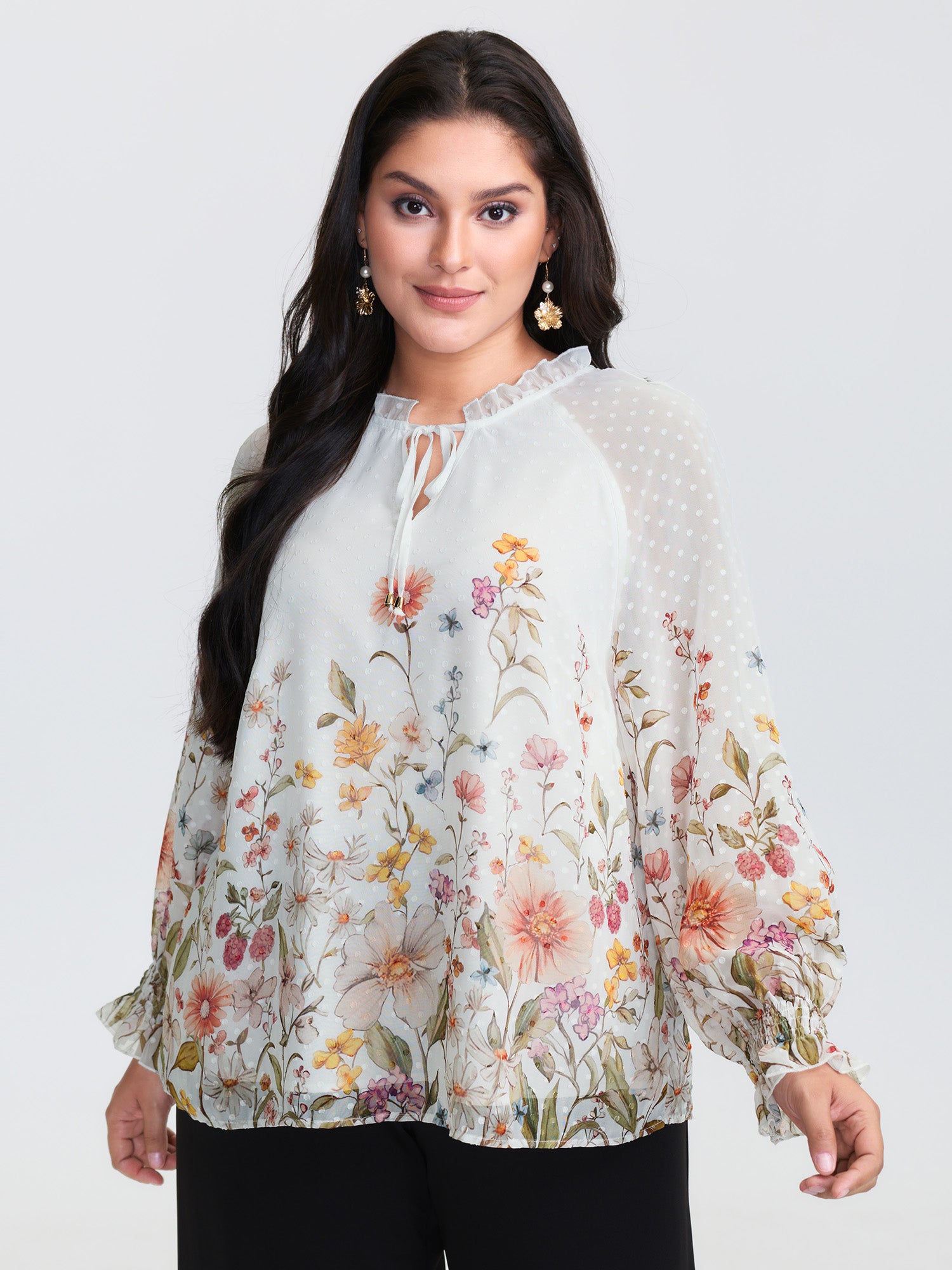 Floral Print Textured Ruffled Neckline Blouse