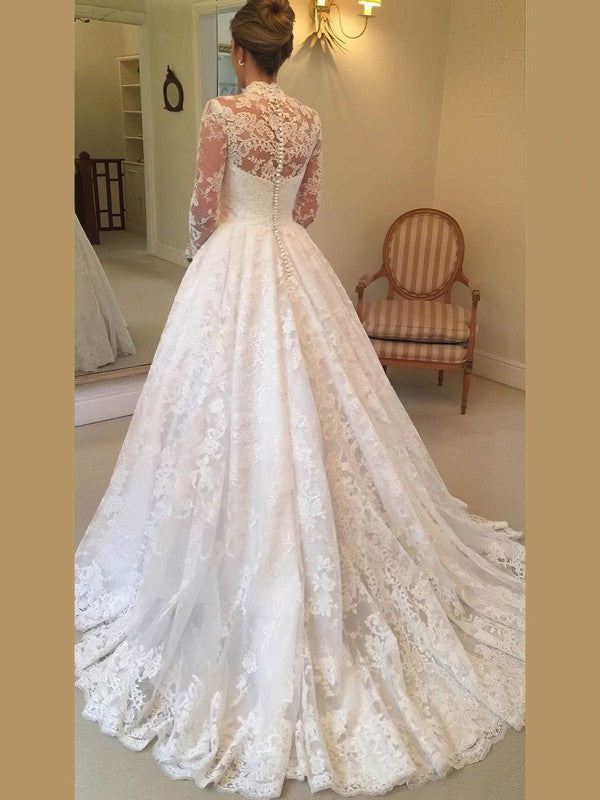 Gorgeous High Neck Long Sleeves lace Court Train Wedding Dresses with Buttons