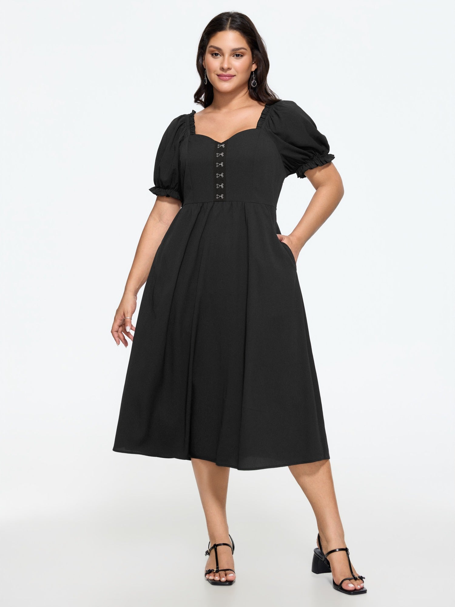 Square Neck Frog Buttons Puff Sleeve Midi Dress