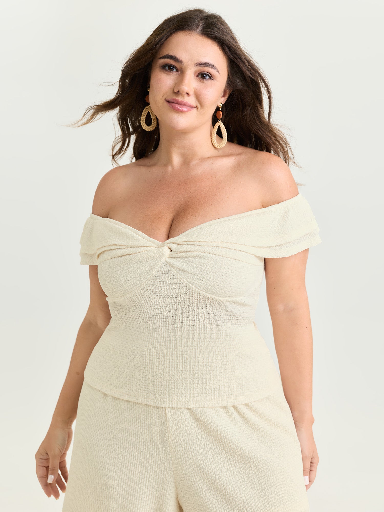 Textured Off-Shoulder Cinched-Waist Knit Top