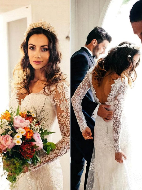 Charming Backless Sheath V-Neck Lace Wedding Dresses with Court Train