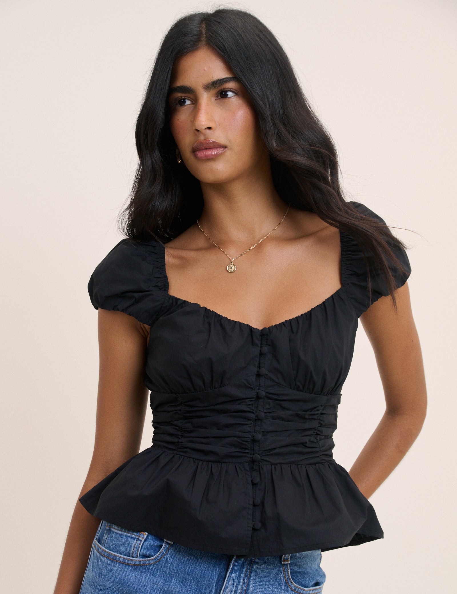 Black Ruched Puff Sleeve Caia Top