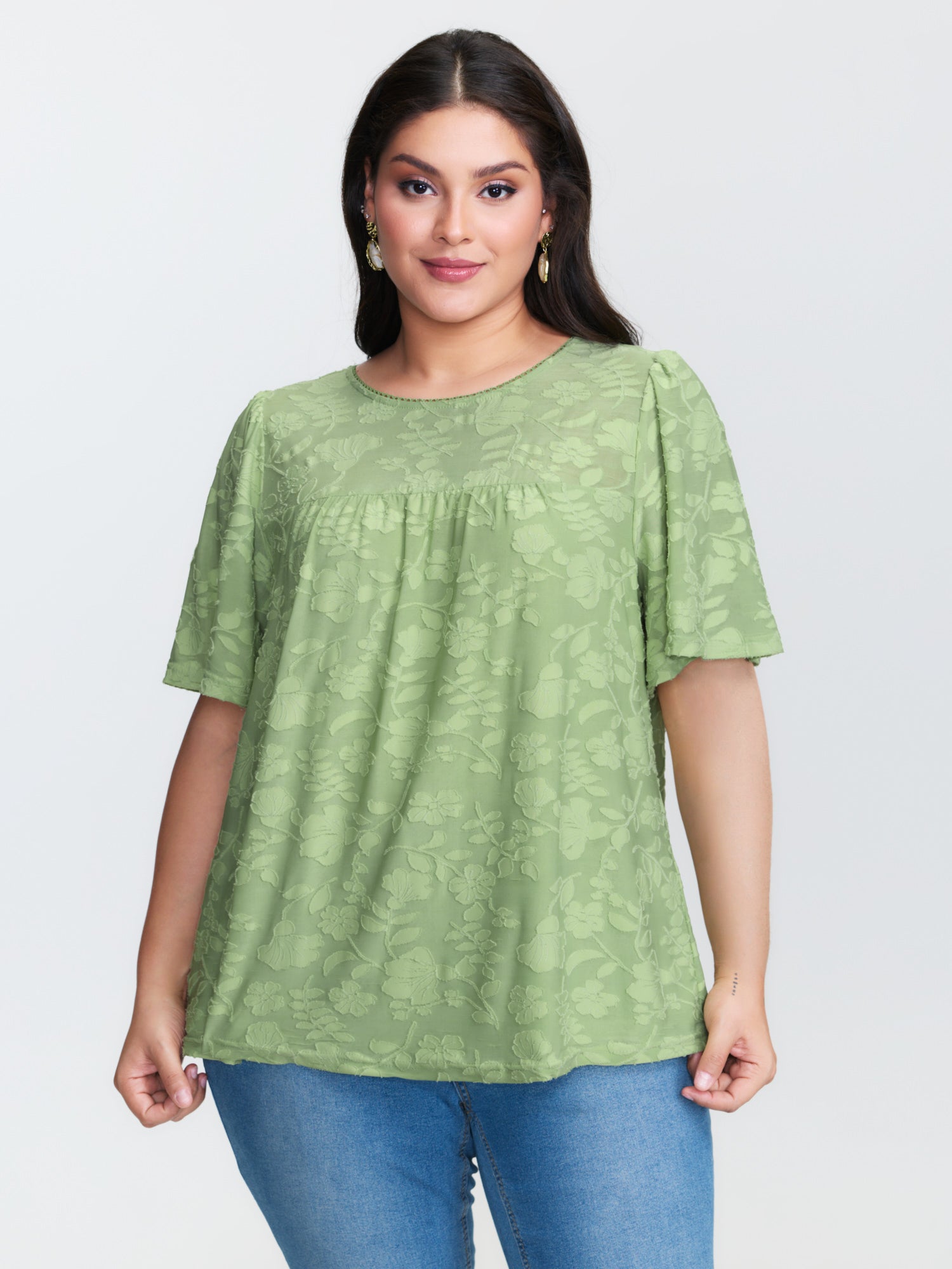 Textured Lace Neckline Flowy Sleeve Blouse