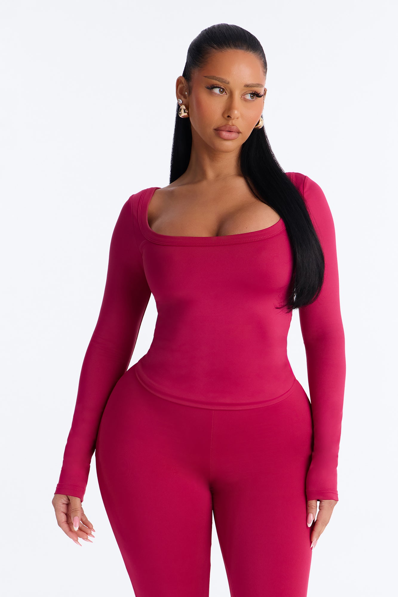 Contour Double Lined Deep Scoop Neck Long Sleeve Top - Raspberry
