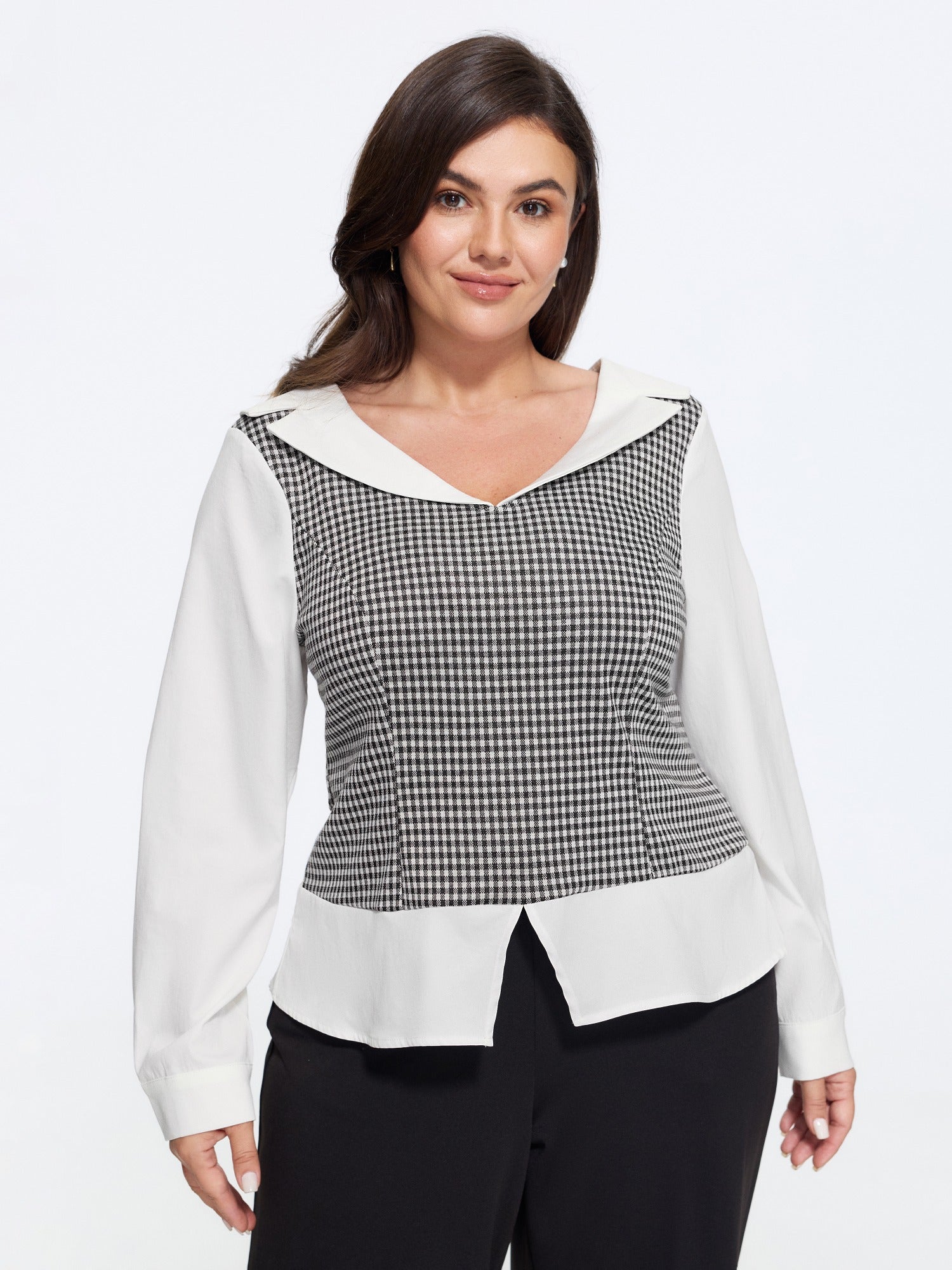 Stretchy Lapel Neck Houndstooth Patchwork Fitted Blouse